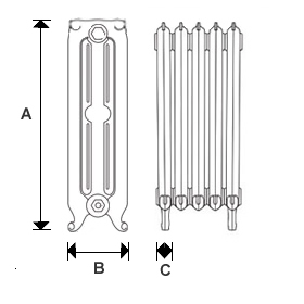 CRANE Rococo 768mm cast iron radiators diagram